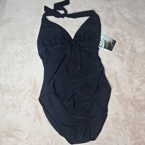 Island World Apparel NEW One Piece Swimsuit Women M Black Halter V-Neck